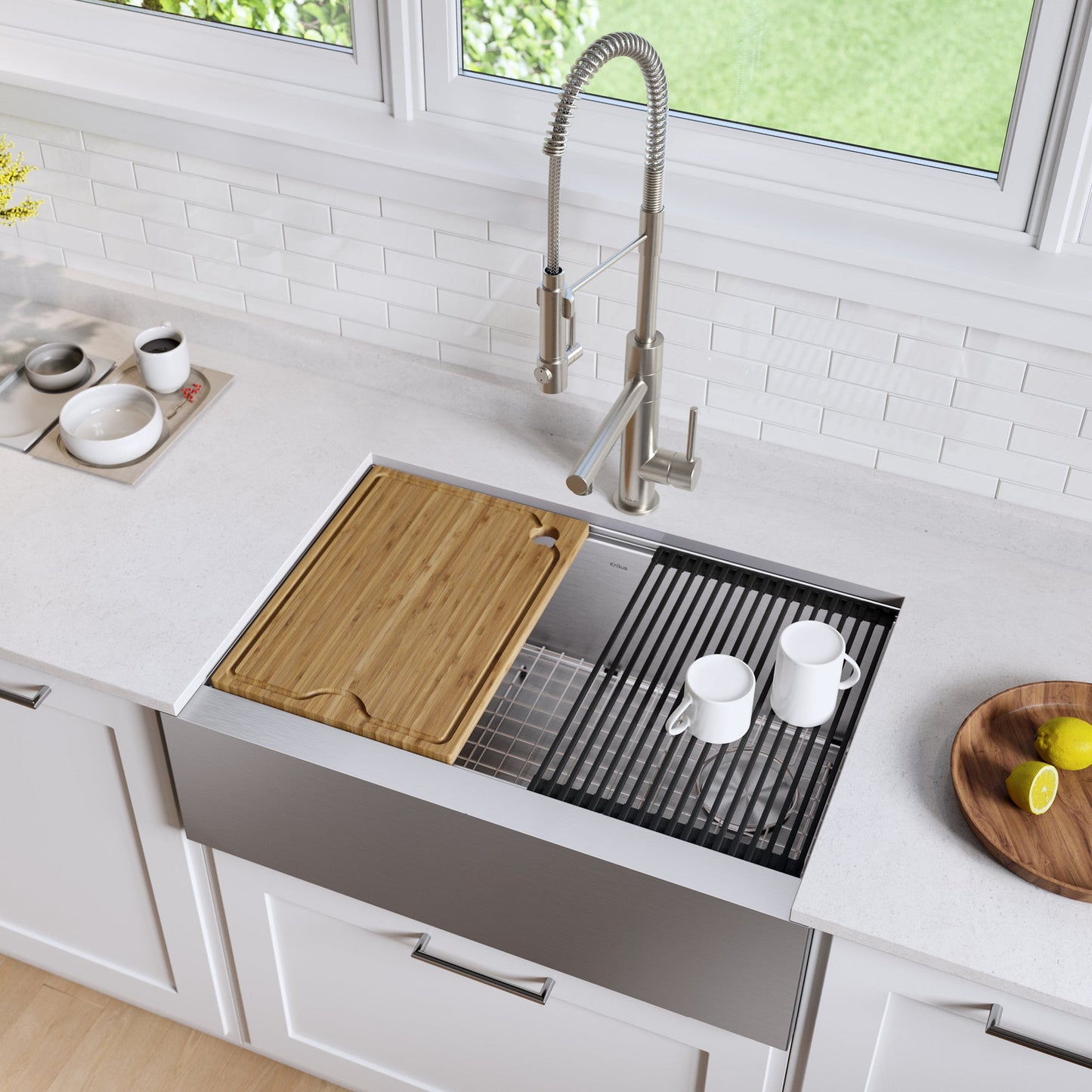 KRAUS Kore Workstation 30" Farmhouse Flat Apron Front 16 Gauge Single Bowl Stainless Steel Kitchen Sink - KWF410-30