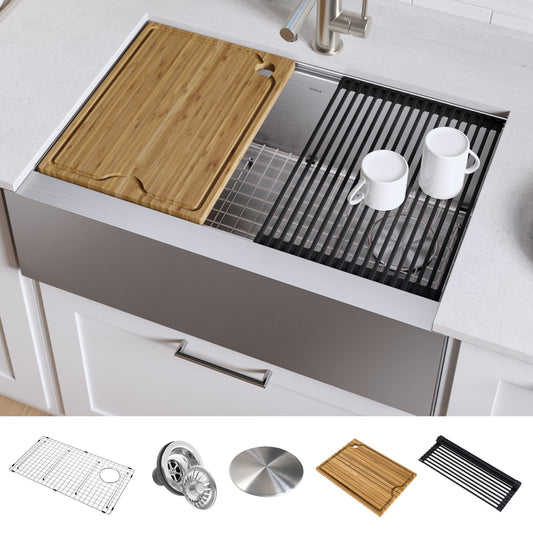 KRAUS Kore Workstation 30" Farmhouse Flat Apron Front 16 Gauge Single Bowl Stainless Steel Kitchen Sink - KWF410-30