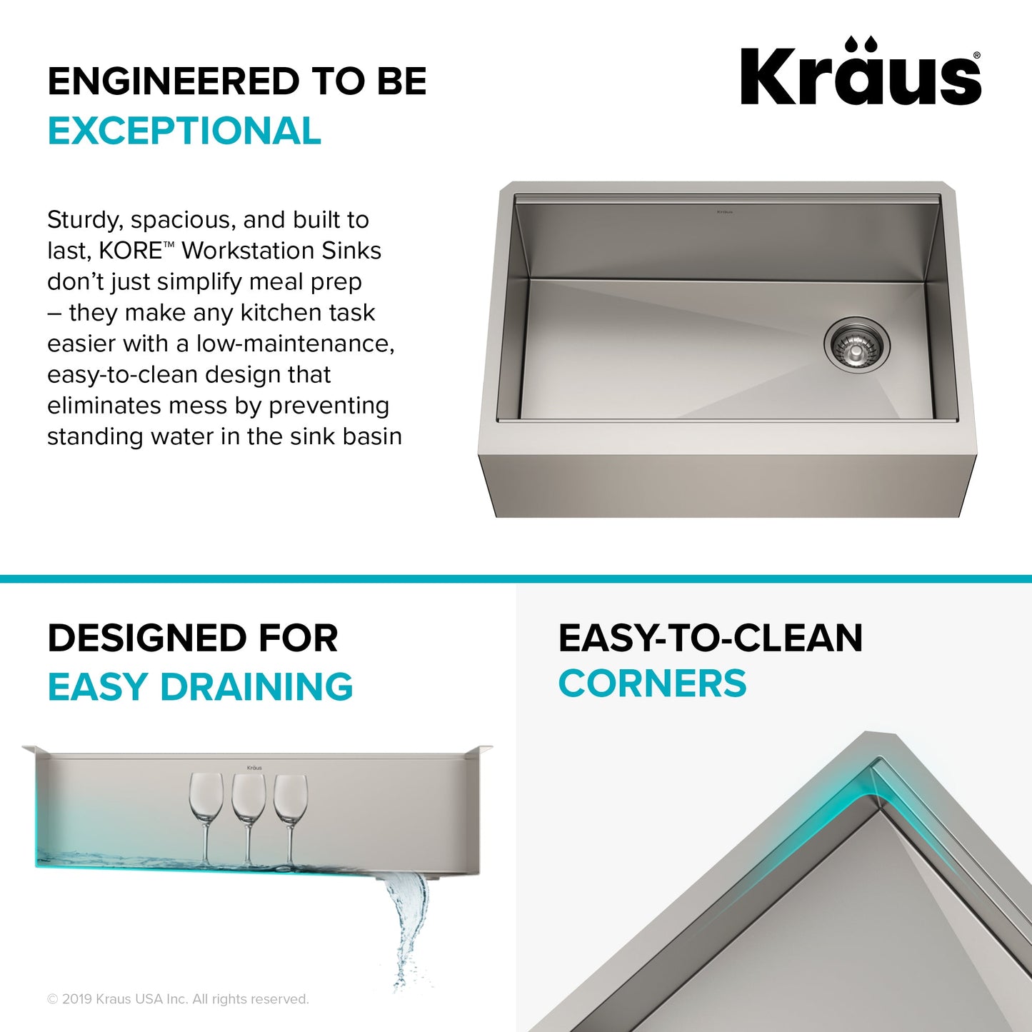 KRAUS Kore Workstation 30" Farmhouse Flat Apron Front 16 Gauge Single Bowl Stainless Steel Kitchen Sink - KWF410-30