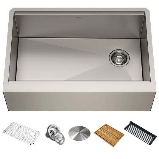 KRAUS Kore Workstation 30" Farmhouse Flat Apron Front 16 Gauge Single Bowl Stainless Steel Kitchen Sink - KWF410-30