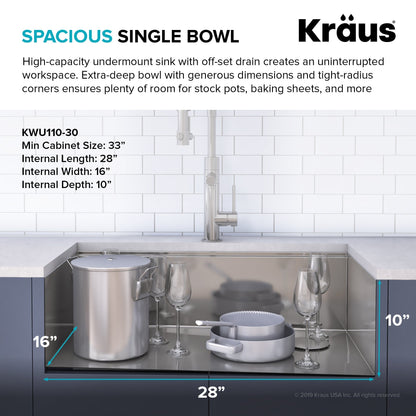 KRAUS Kore Workstation 30" Undermount 16 Gauge Single Bowl Stainless Steel Kitchen Sink with Accessories - KWU110-30