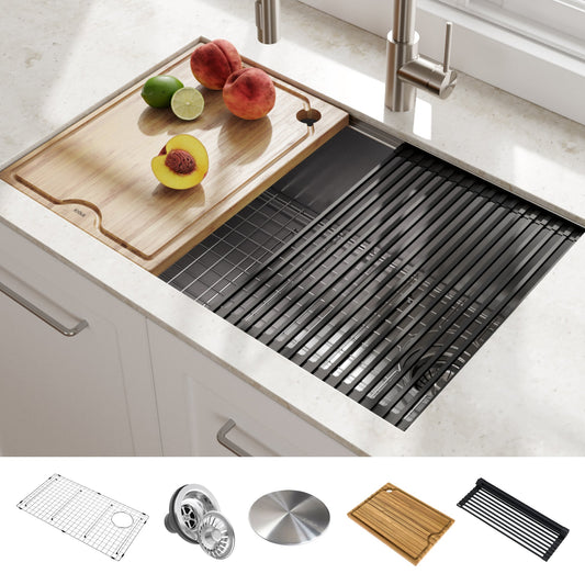 KRAUS Kore Workstation 30" Undermount 16 Gauge Single Bowl Stainless Steel Kitchen Sink with Accessories - KWU110-30