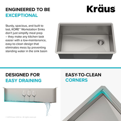 KRAUS Kore Workstation 30" Undermount 16 Gauge Single Bowl Stainless Steel Kitchen Sink with Accessories - KWU110-30