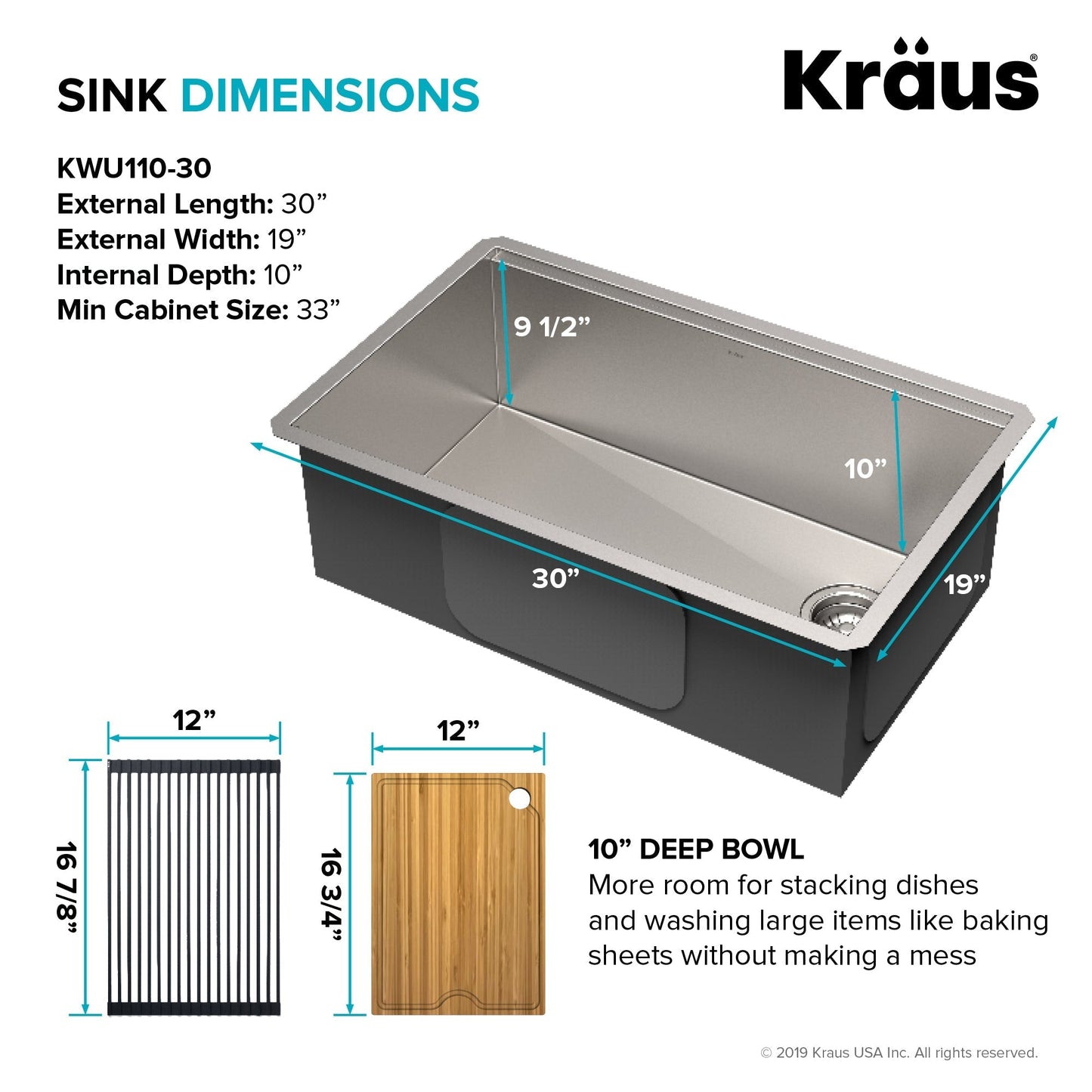 KRAUS Kore Workstation 30" Undermount 16 Gauge Single Bowl Stainless Steel Kitchen Sink with Accessories - KWU110-30