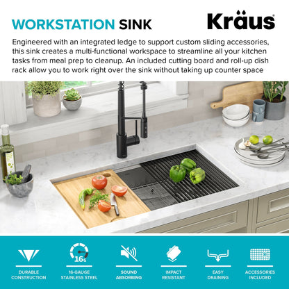KRAUS Kore Workstation 32" Undermount 16 Gauge 5.5" Deep Single Bowl ADA Kitchen Sink - KWU110-32/5.5