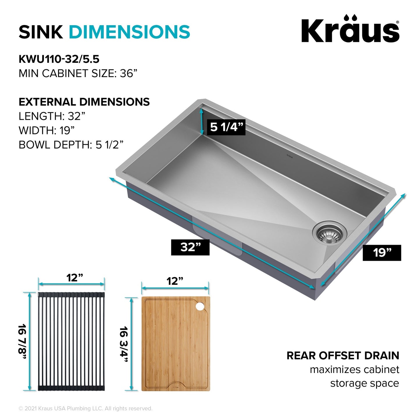 KRAUS Kore Workstation 32" Undermount 16 Gauge 5.5" Deep Single Bowl ADA Kitchen Sink - KWU110-32/5.5