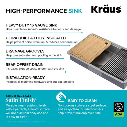 KRAUS Kore Workstation 32" Undermount 16 Gauge 5.5" Deep Single Bowl ADA Kitchen Sink - KWU110-32/5.5