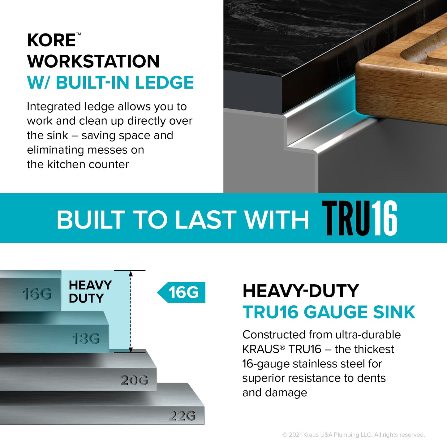 KRAUS Kore Workstation 32" Undermount 16 Gauge 5.5" Deep Single Bowl ADA Kitchen Sink - KWU110-32/5.5