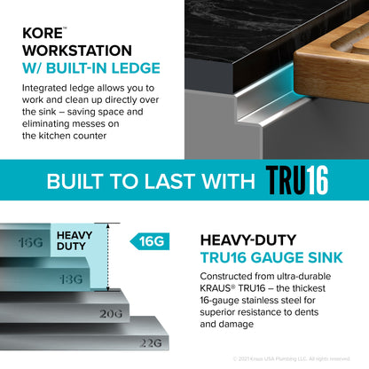 KRAUS Kore Workstation 32" Undermount 16 Gauge 5.5" Deep Single Bowl ADA Kitchen Sink - KWU110-32/5.5