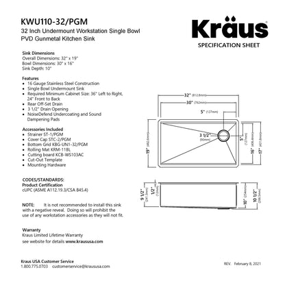 KRAUS Kore Workstation 32" Undermount 16 Gauge Single Bowl Kitchen Sink in PVD Gunmetal - KWU110-32/PGM