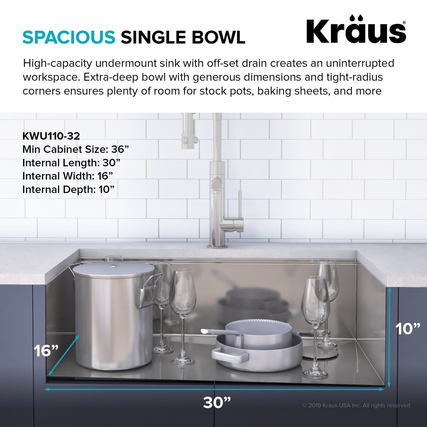 KRAUS Kore Workstation 32" Undermount 16 Gauge Single Bowl Stainless Steel Kitchen Sink with Accessories - KWU110-32
