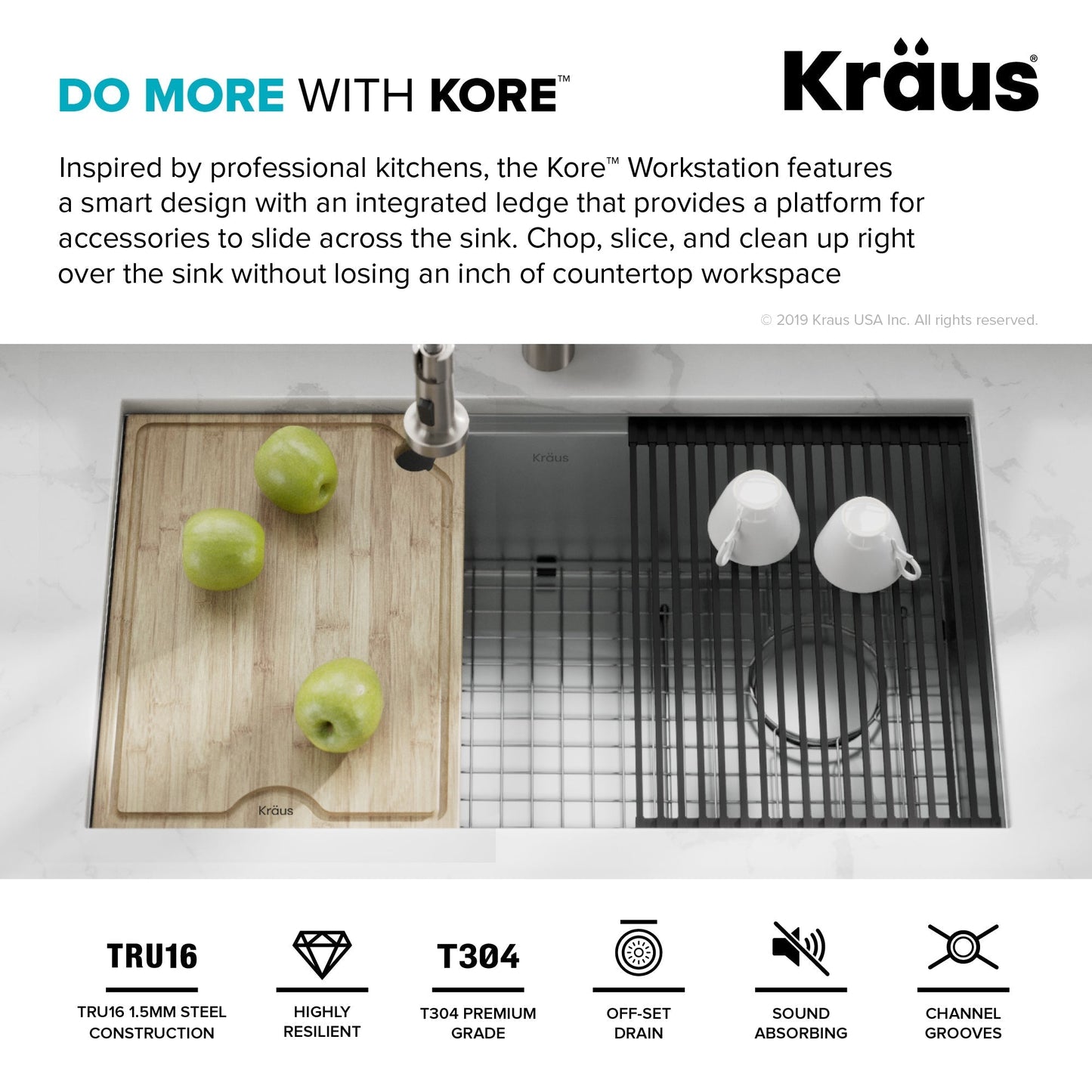 KRAUS Kore Workstation 32" Undermount 16 Gauge Single Bowl Stainless Steel Kitchen Sink with Accessories - KWU110-32