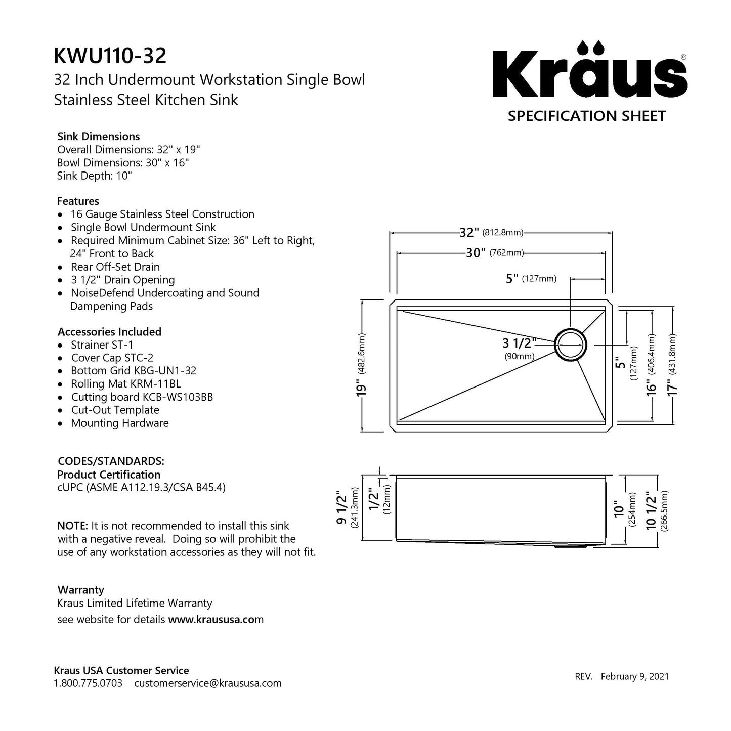KRAUS Kore Workstation 32" Undermount 16 Gauge Single Bowl Stainless Steel Kitchen Sink with Accessories - KWU110-32