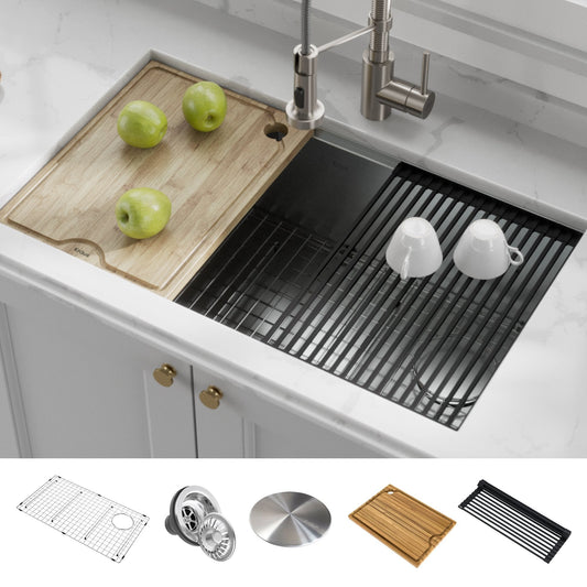 KRAUS Kore Workstation 32" Undermount 16 Gauge Single Bowl Stainless Steel Kitchen Sink with Accessories - KWU110-32