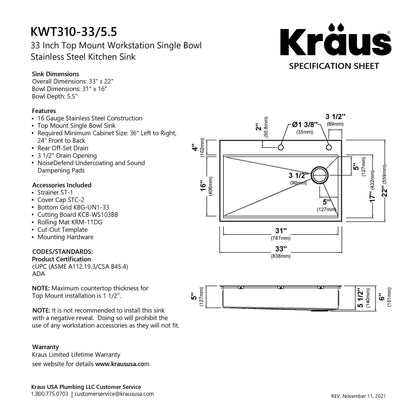 KRAUS Kore Workstation 33" Drop-In 16 Gauge 5.5" Deep Single Bowl ADA Kitchen Sink - KWT310-33/5.5