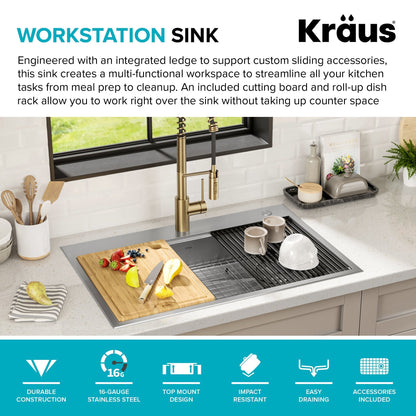 KRAUS Kore Workstation 33" Drop-In 16 Gauge 5.5" Deep Single Bowl ADA Kitchen Sink - KWT310-33/5.5