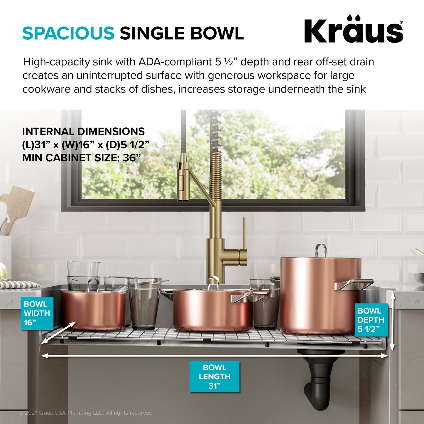 KRAUS Kore Workstation 33" Drop-In 16 Gauge 5.5" Deep Single Bowl ADA Kitchen Sink - KWT310-33/5.5
