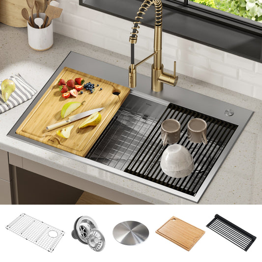 KRAUS Kore Workstation 33" Drop-In 16 Gauge 5.5" Deep Single Bowl ADA Kitchen Sink - KWT310-33/5.5