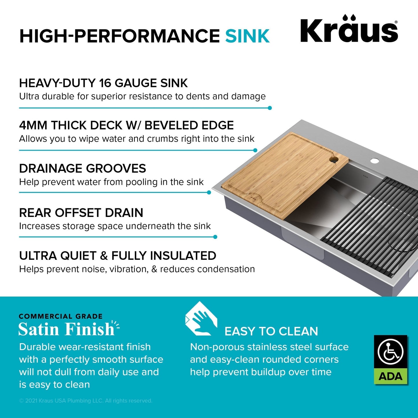 KRAUS Kore Workstation 33" Drop-In 16 Gauge 5.5" Deep Single Bowl ADA Kitchen Sink - KWT310-33/5.5