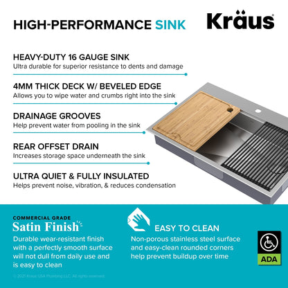 KRAUS Kore Workstation 33" Drop-In 16 Gauge 5.5" Deep Single Bowl ADA Kitchen Sink - KWT310-33/5.5