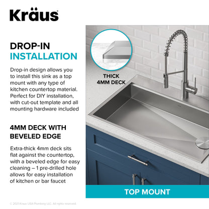 KRAUS Kore Workstation 33" Drop-In 16 Gauge 5.5" Deep Single Bowl ADA Kitchen Sink - KWT310-33/5.5