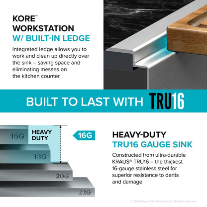 KRAUS Kore Workstation 33" Drop-In 16 Gauge 5.5" Deep Single Bowl ADA Kitchen Sink - KWT310-33/5.5