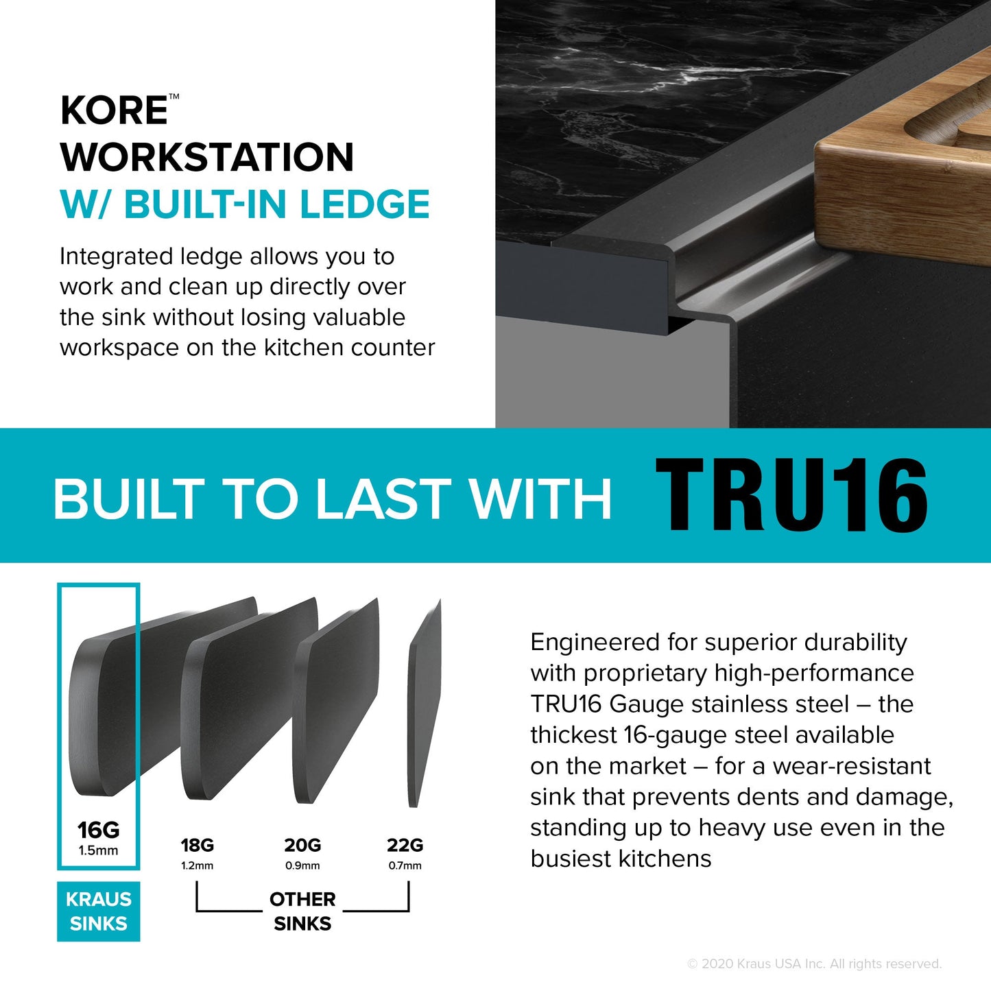 KRAUS Kore Workstation 33" Drop-In 16 Gauge Single Bowl Kitchen Sink in PVD Gunmetal - KWT310-33/PGM