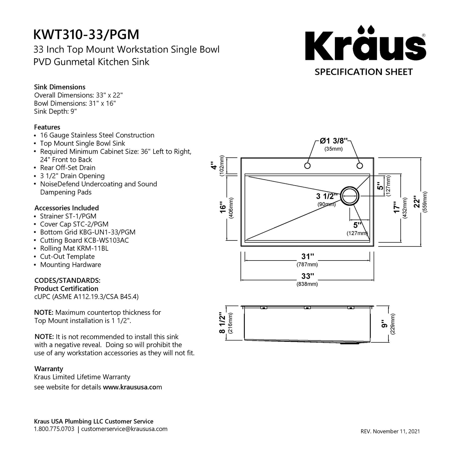 KRAUS Kore Workstation 33" Drop-In 16 Gauge Single Bowl Kitchen Sink in PVD Gunmetal - KWT310-33/PGM