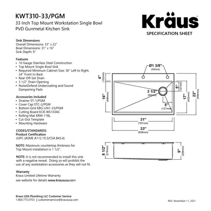KRAUS Kore Workstation 33" Drop-In 16 Gauge Single Bowl Kitchen Sink in PVD Gunmetal - KWT310-33/PGM