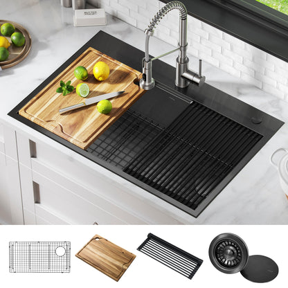 KRAUS Kore Workstation 33" Drop-In 16 Gauge Single Bowl Kitchen Sink in PVD Gunmetal - KWT310-33/PGM