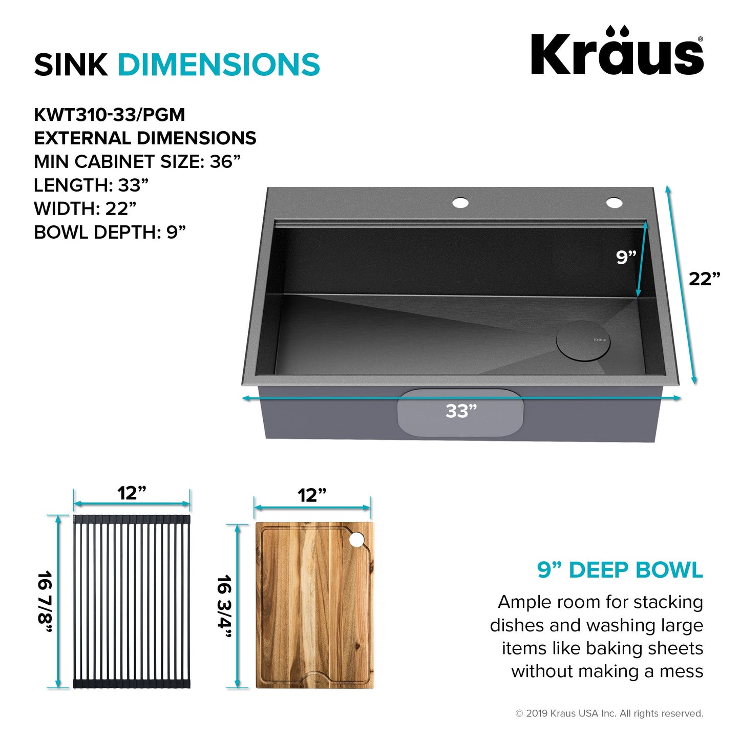 KRAUS Kore Workstation 33" Drop-In 16 Gauge Single Bowl Kitchen Sink in PVD Gunmetal - KWT310-33/PGM