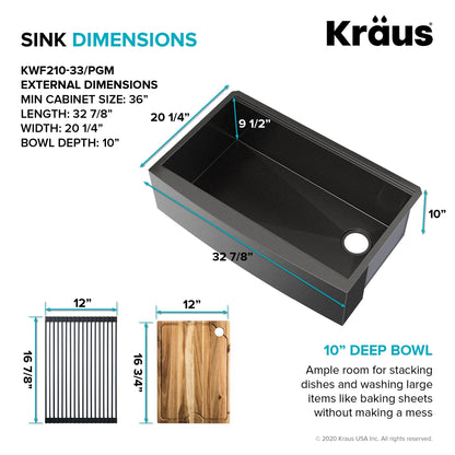 KRAUS Kore Workstation 33" Farmhouse Apron Front 16 Gauge Single Bowl Kitchen Sink in PVD Gunmetal - KWF210-33/PGM