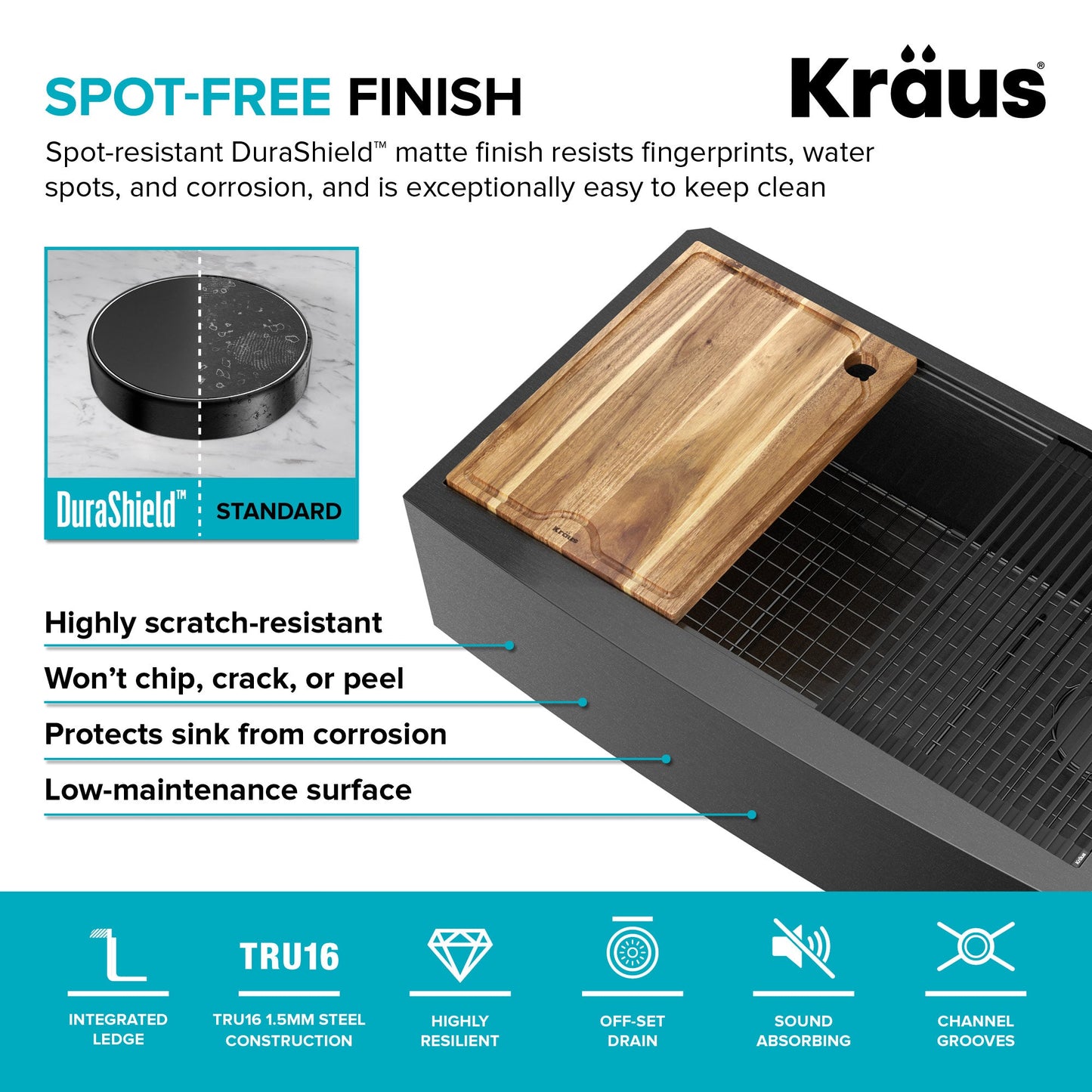 KRAUS Kore Workstation 33" Farmhouse Apron Front 16 Gauge Single Bowl Kitchen Sink in PVD Gunmetal - KWF210-33/PGM