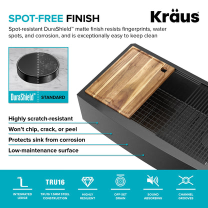 KRAUS Kore Workstation 33" Farmhouse Apron Front 16 Gauge Single Bowl Kitchen Sink in PVD Gunmetal - KWF210-33/PGM