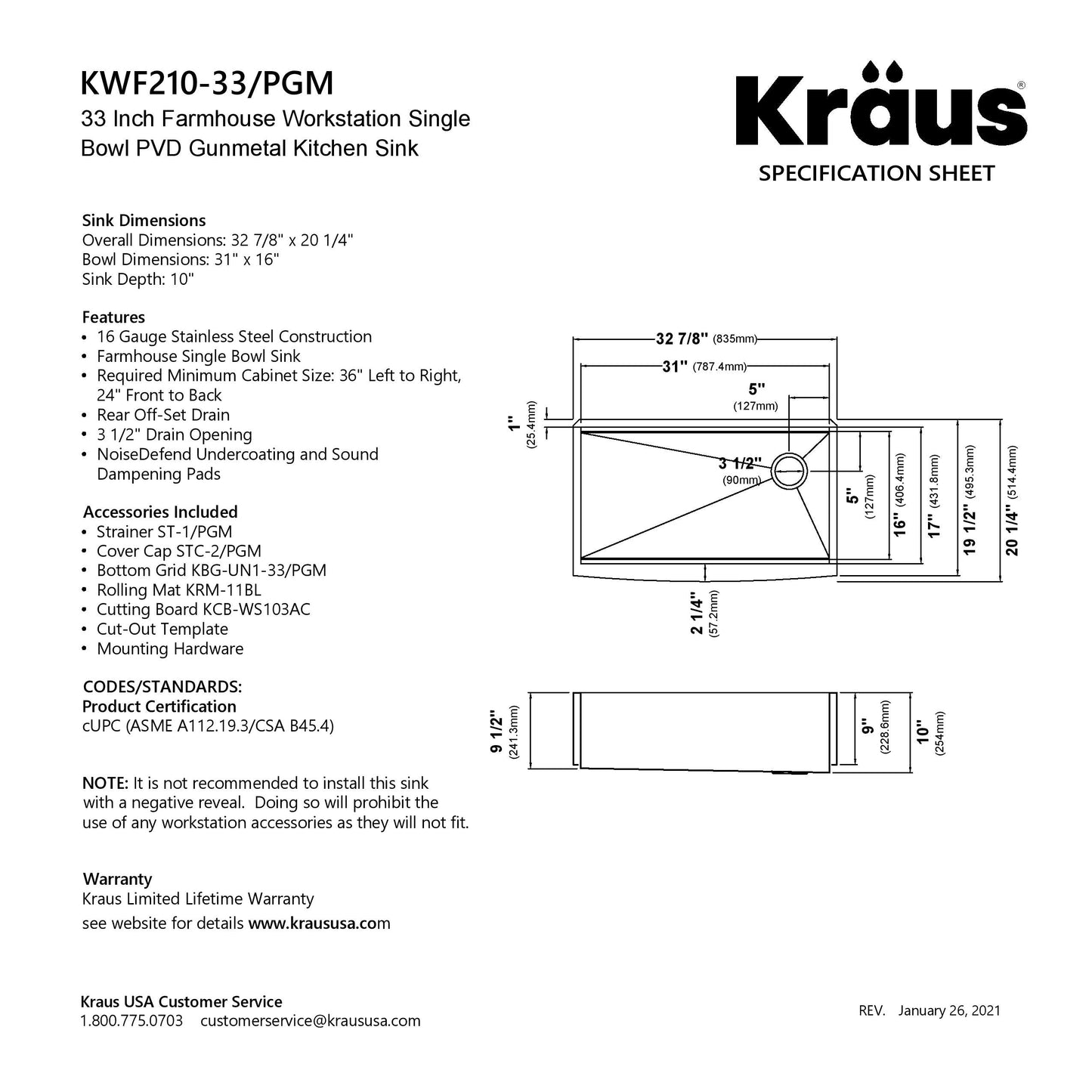 KRAUS Kore Workstation 33" Farmhouse Apron Front 16 Gauge Single Bowl Kitchen Sink in PVD Gunmetal - KWF210-33/PGM