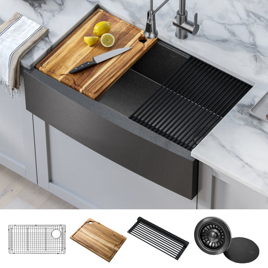 KRAUS Kore Workstation 33" Farmhouse Apron Front 16 Gauge Single Bowl Kitchen Sink in PVD Gunmetal - KWF210-33/PGM