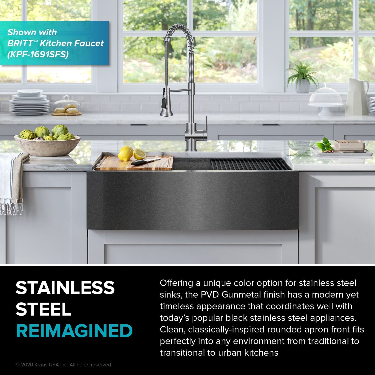 KRAUS Kore Workstation 33" Farmhouse Apron Front 16 Gauge Single Bowl Kitchen Sink in PVD Gunmetal - KWF210-33/PGM