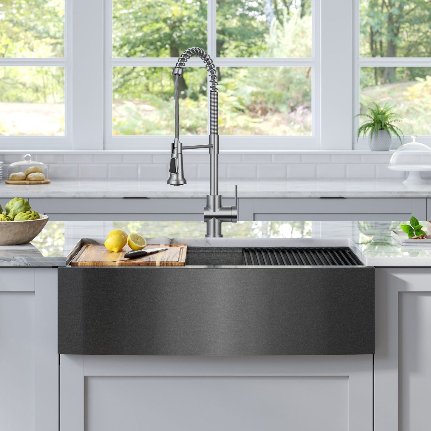 KRAUS Kore Workstation 33" Farmhouse Apron Front 16 Gauge Single Bowl Kitchen Sink in PVD Gunmetal - KWF210-33/PGM