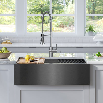 KRAUS Kore Workstation 33" Farmhouse Apron Front 16 Gauge Single Bowl Kitchen Sink in PVD Gunmetal - KWF210-33/PGM