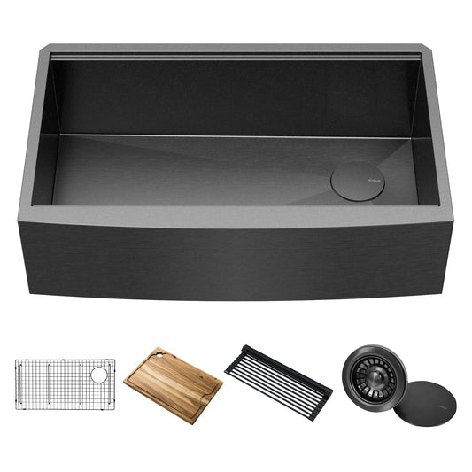 KRAUS Kore Workstation 33" Farmhouse Apron Front 16 Gauge Single Bowl Kitchen Sink in PVD Gunmetal - KWF210-33/PGM