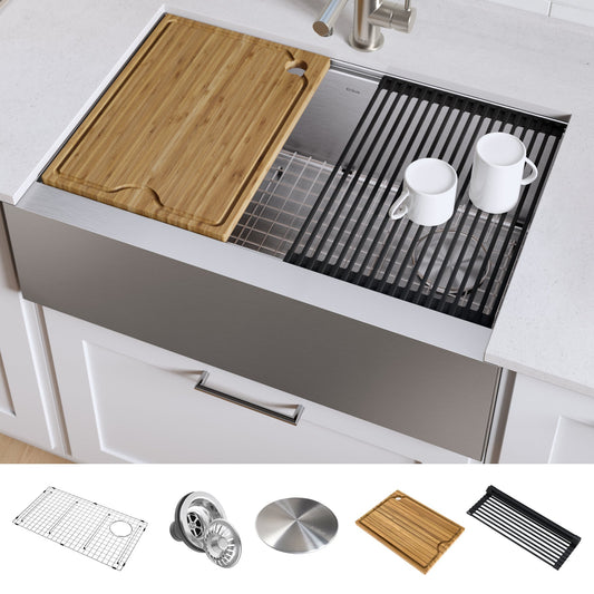 KRAUS Kore Workstation 33" Farmhouse Flat Apron Front 16 Gauge Single Bowl Stainless Steel Kitchen Sink with Accessories - KWF410-33