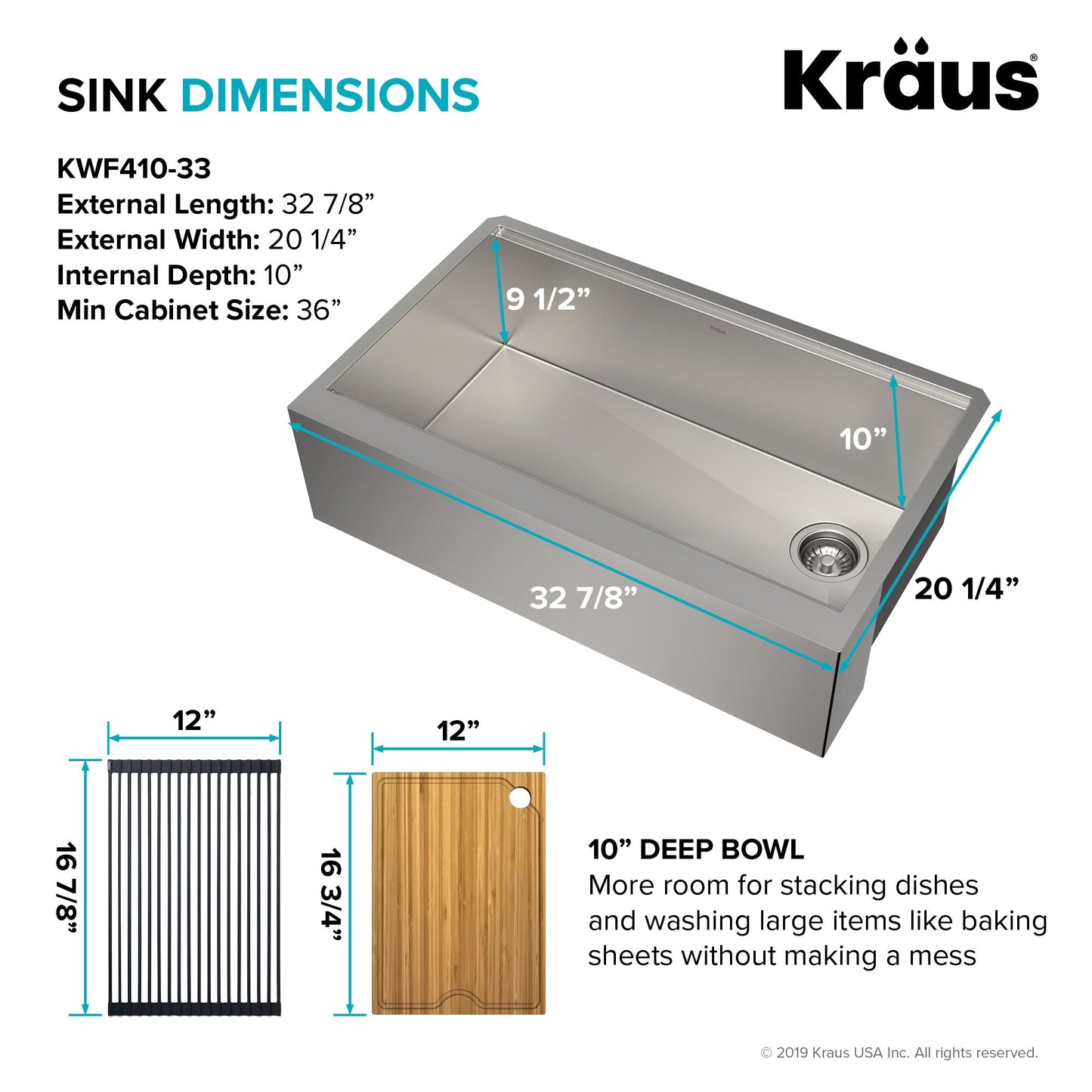 KRAUS Kore Workstation 33" Farmhouse Flat Apron Front 16 Gauge Single Bowl Stainless Steel Kitchen Sink with Accessories - KWF410-33