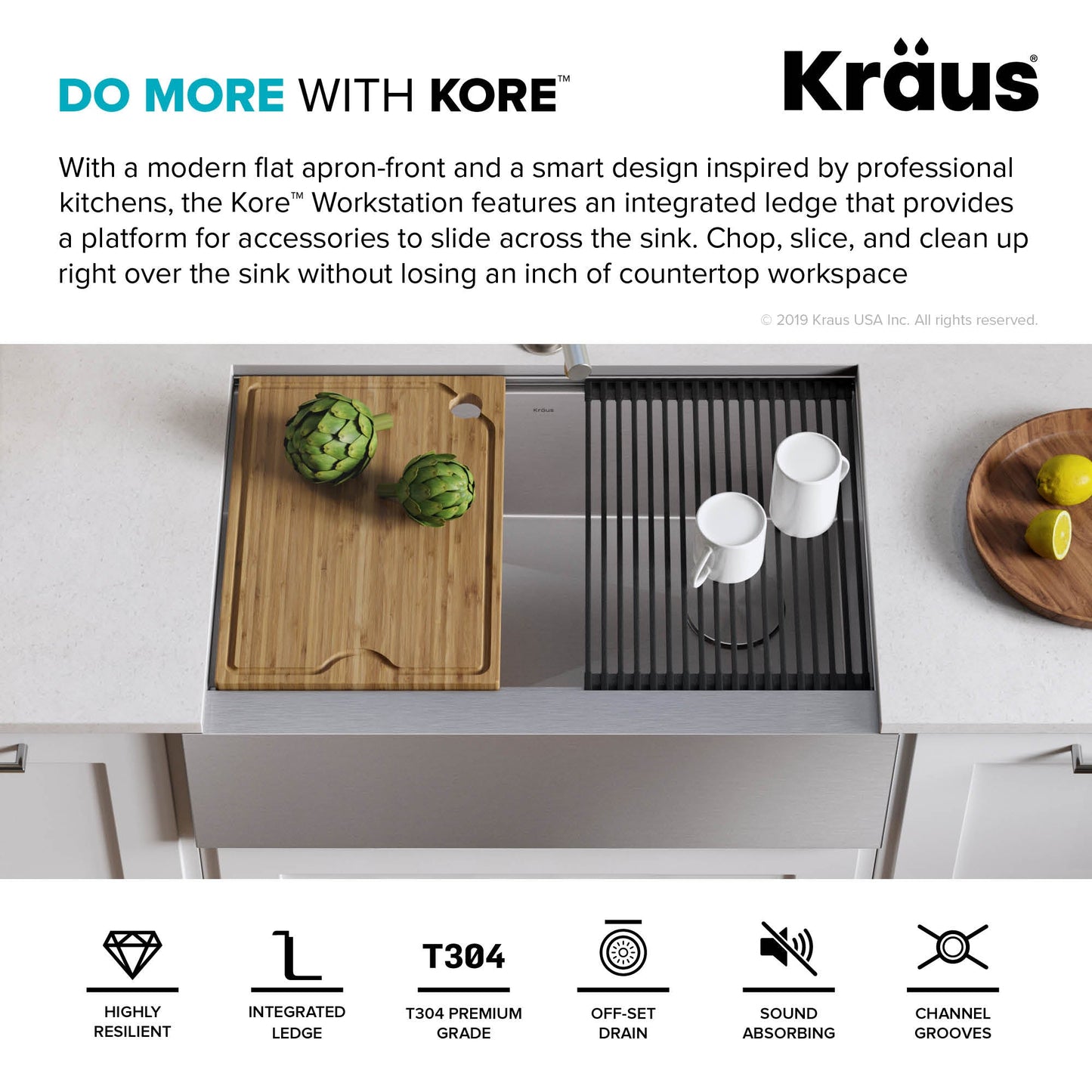 KRAUS Kore Workstation 33" Farmhouse Flat Apron Front 16 Gauge Single Bowl Stainless Steel Kitchen Sink with Accessories - KWF410-33