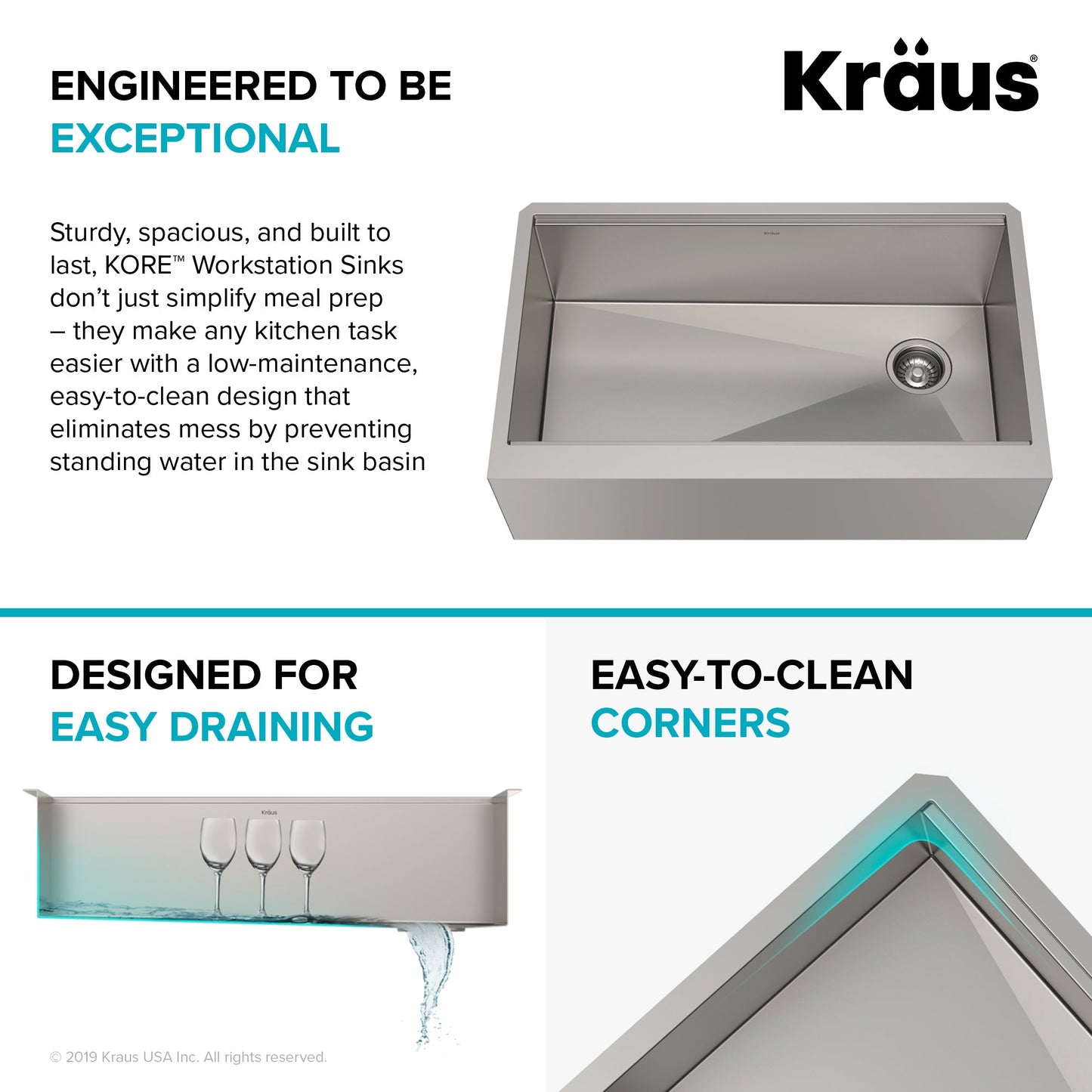 KRAUS Kore Workstation 33" Farmhouse Flat Apron Front 16 Gauge Single Bowl Stainless Steel Kitchen Sink with Accessories - KWF410-33