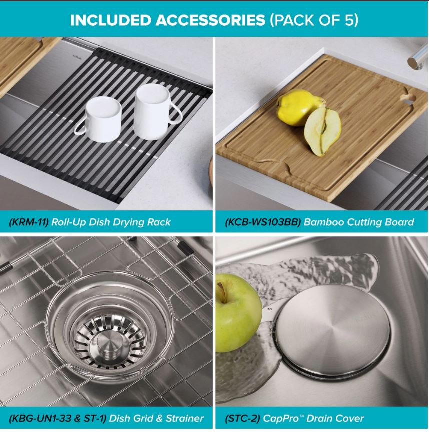KRAUS Kore Workstation 33" Farmhouse Flat Apron Front 16 Gauge Single Bowl Stainless Steel Kitchen Sink with Accessories - KWF410-33