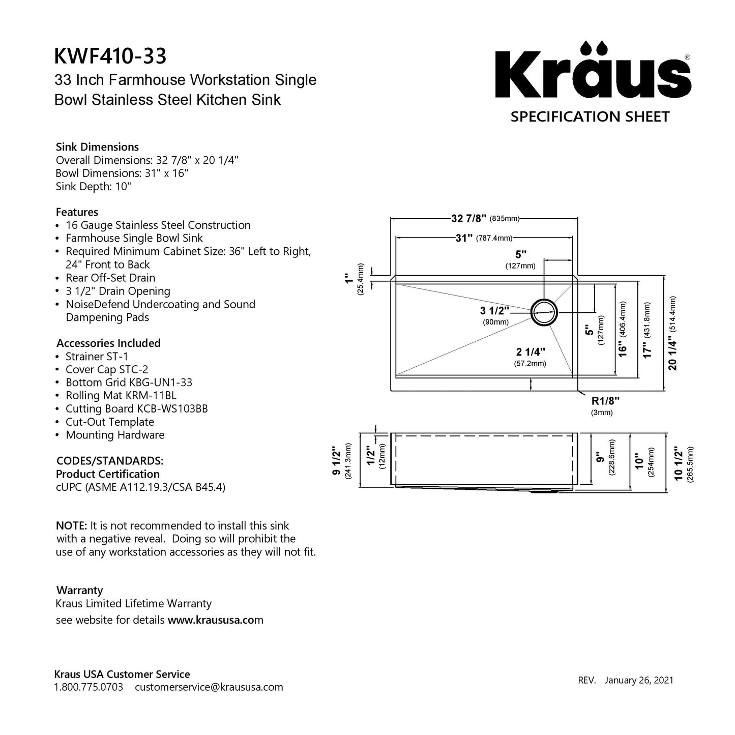 KRAUS Kore Workstation 33" Farmhouse Flat Apron Front 16 Gauge Single Bowl Stainless Steel Kitchen Sink with Accessories - KWF410-33