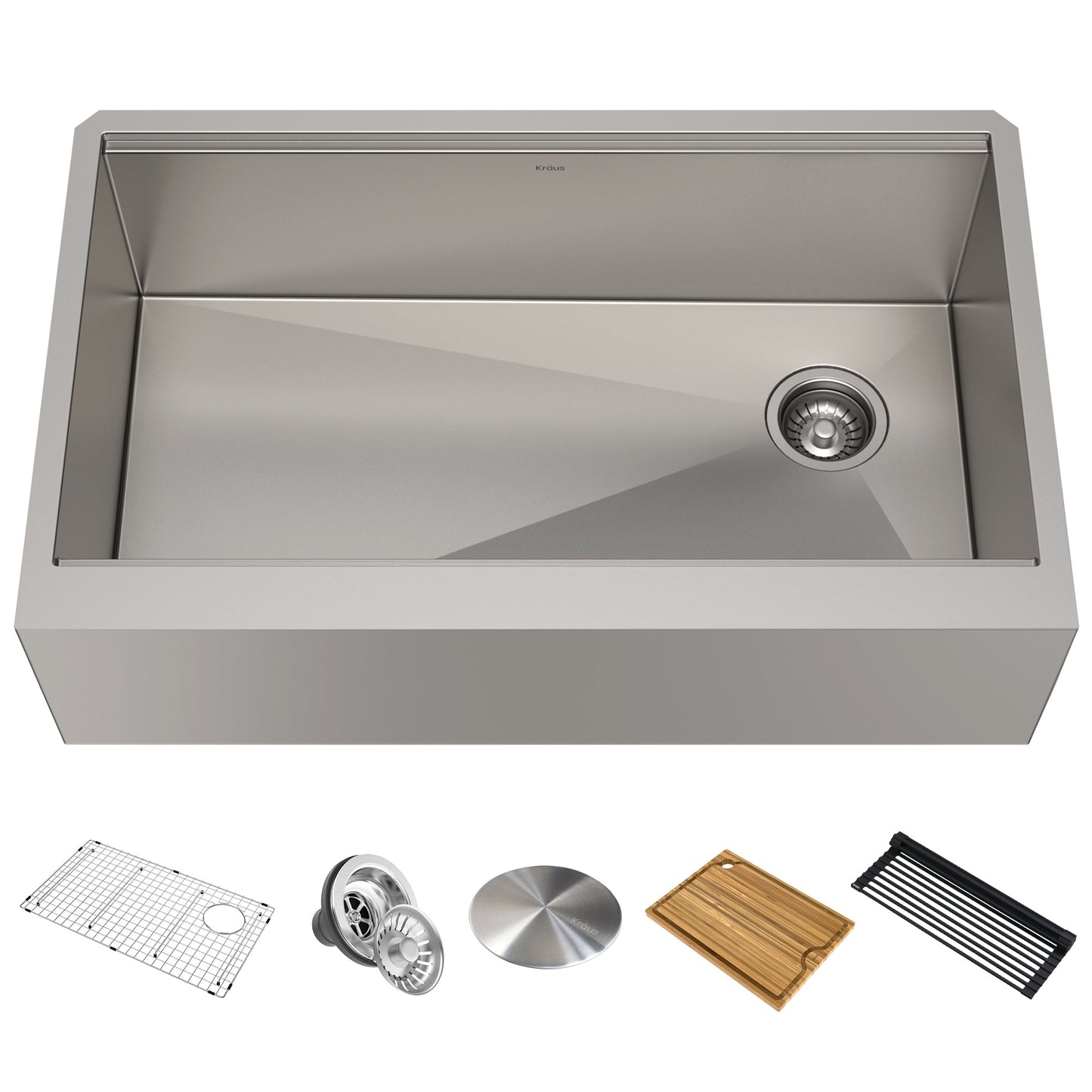 KRAUS Kore Workstation 33" Farmhouse Flat Apron Front 16 Gauge Single Bowl Stainless Steel Kitchen Sink with Accessories - KWF410-33