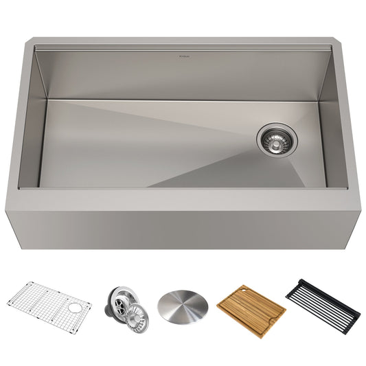 KRAUS Kore Workstation 33" Farmhouse Flat Apron Front 16 Gauge Single Bowl Stainless Steel Kitchen Sink with Accessories - KWF410-33