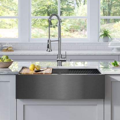KRAUS Kore Workstation 33" Farmhouse Modern Flat Apron Front 16 Gauge Single Bowl Kitch - KWF410-33/PGMen Sink in PVD Gunmetal