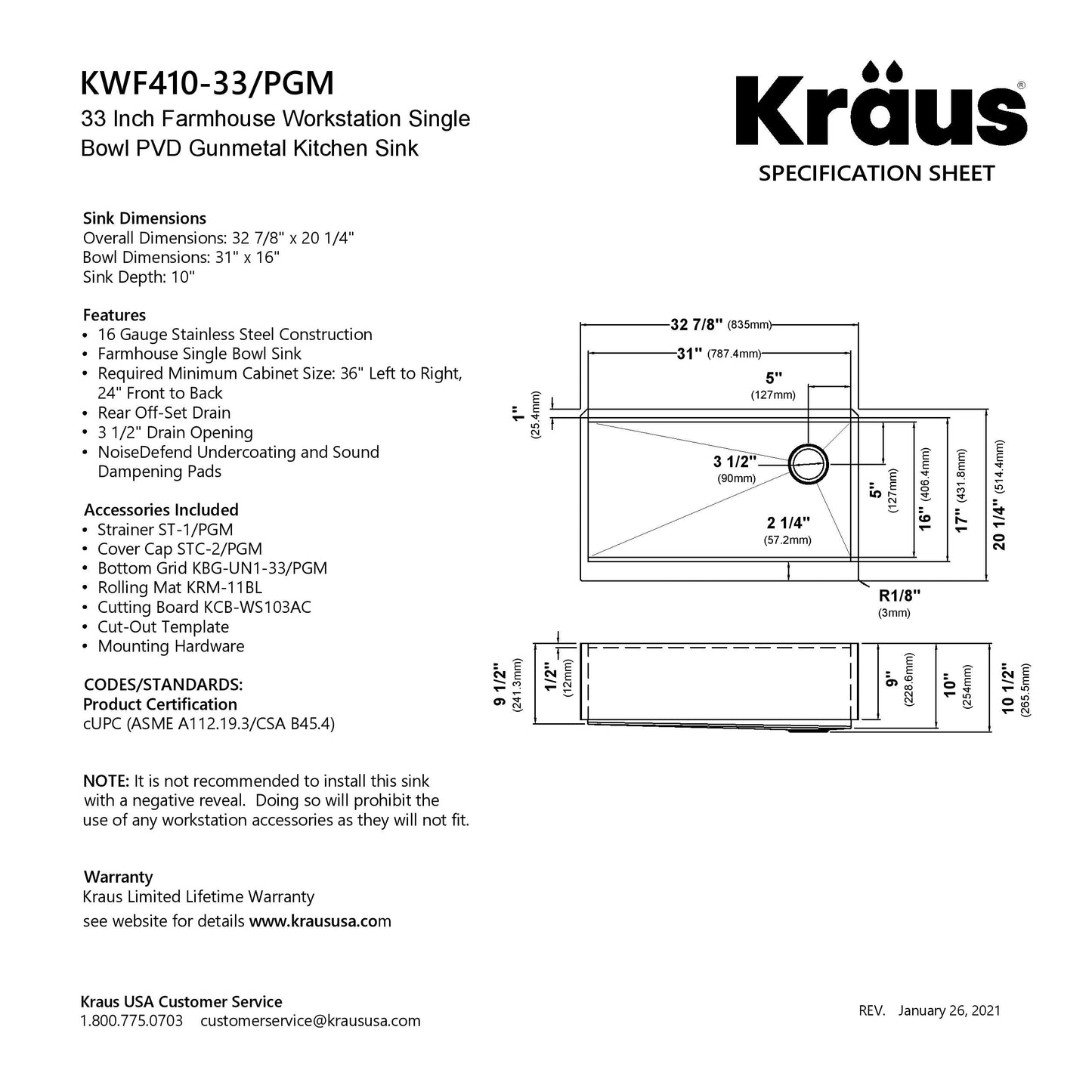 KRAUS Kore Workstation 33" Farmhouse Modern Flat Apron Front 16 Gauge Single Bowl Kitch - KWF410-33/PGMen Sink in PVD Gunmetal